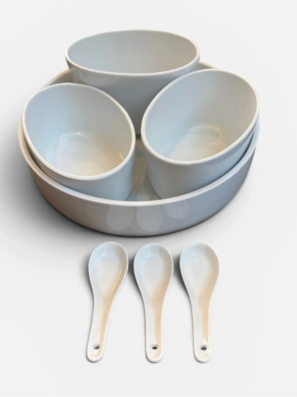 Crate&Barrel Aaron Probyn Serving Bowl Set with Spoons White Ceramic RARE